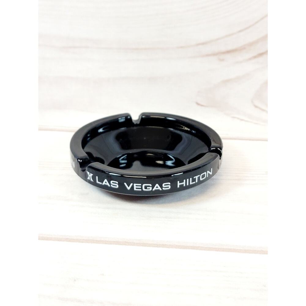 Vintage LAS VEGAS HILTON BLACK GLASS Casino Ashtray Las Vegas Nevada